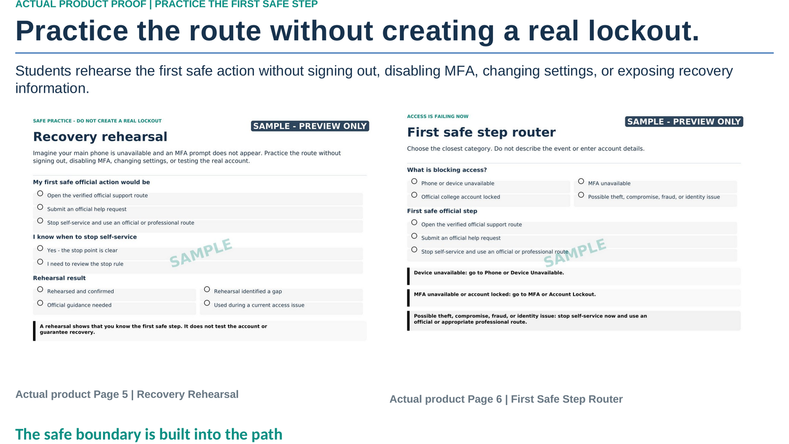 Product C proof showing recovery rehearsal and a first safe step router without exposing credentials