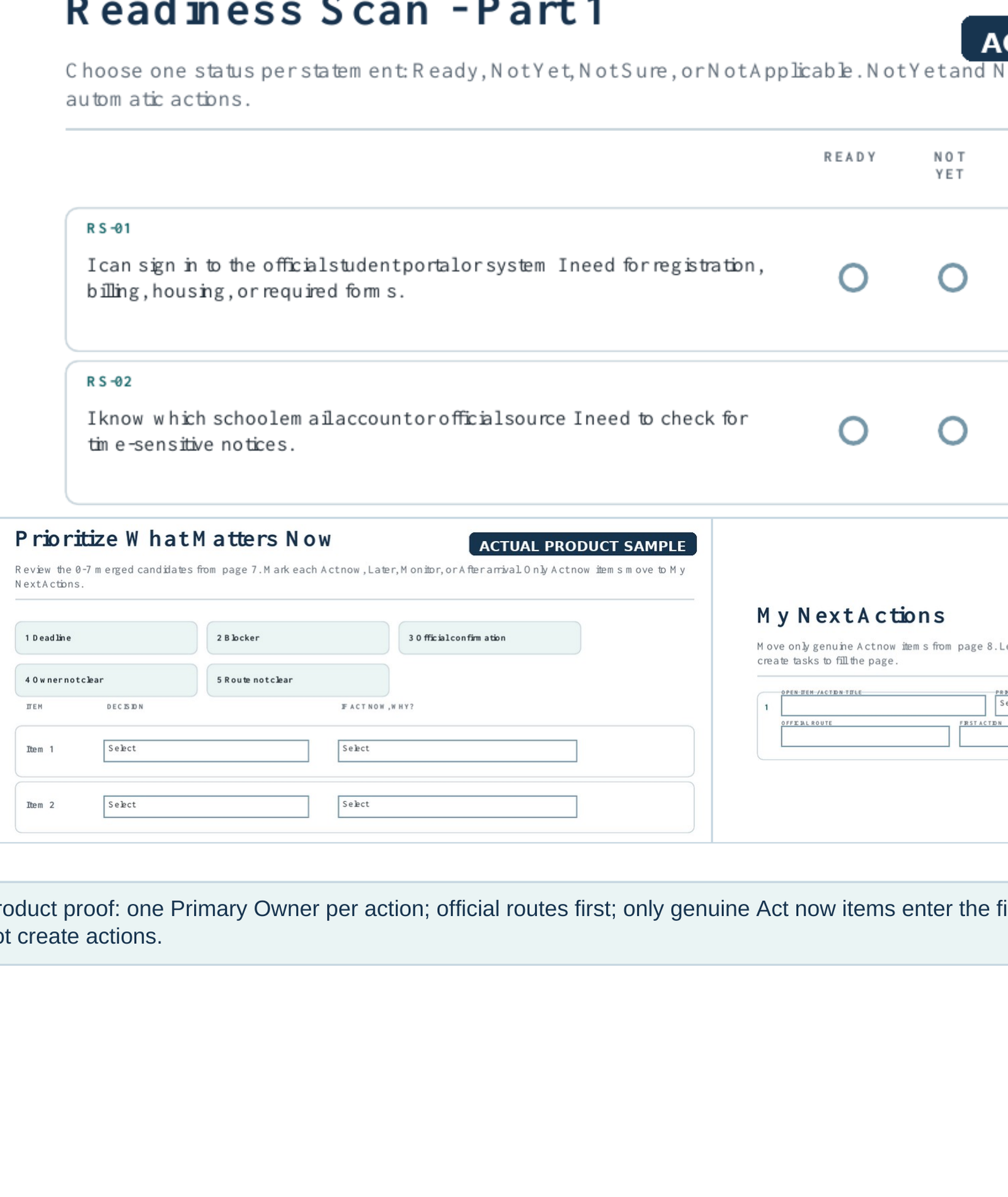 Product A scan-to-action preview showing readiness items routed into a short final action plan