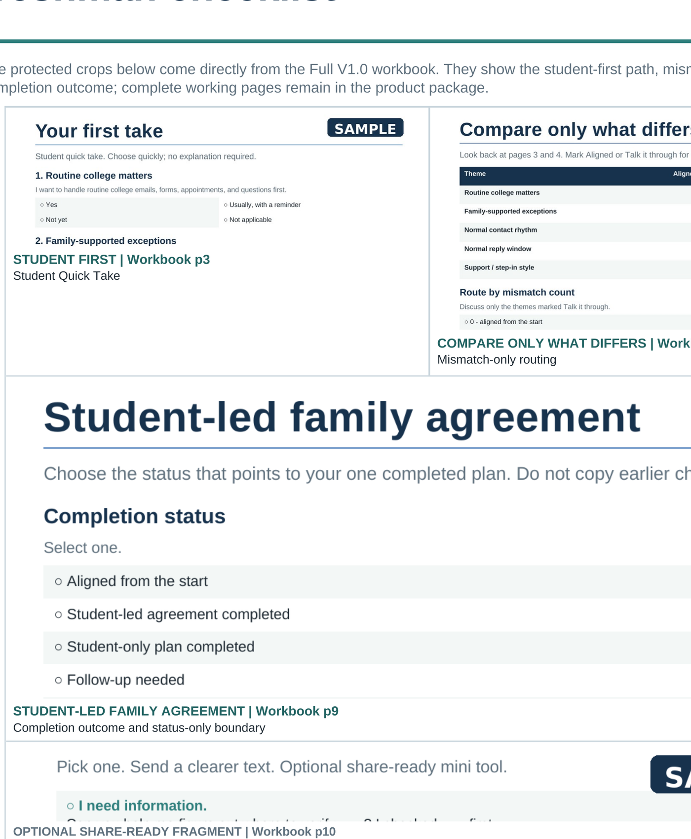Product B preview showing a student-led family handoff and mismatch-only comparison